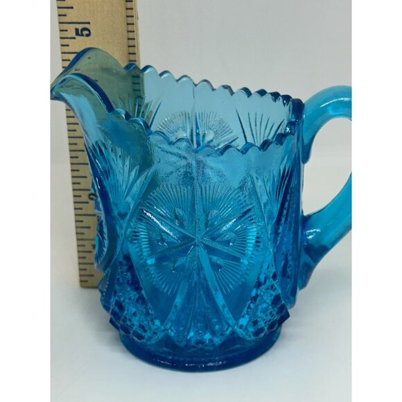 VTG Kemple Glass Yutec Fan & Star Blue Creamer Pitcher Sawtooth Edge MCM - Picture 7 of 8